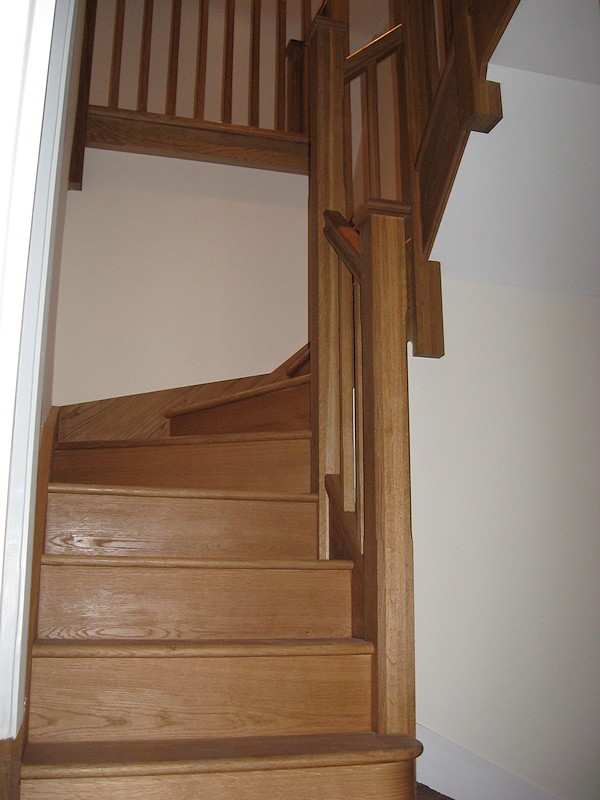 We produced this staircase that winds and splits off in each direction to the many floor levels within the very old farm cottage.